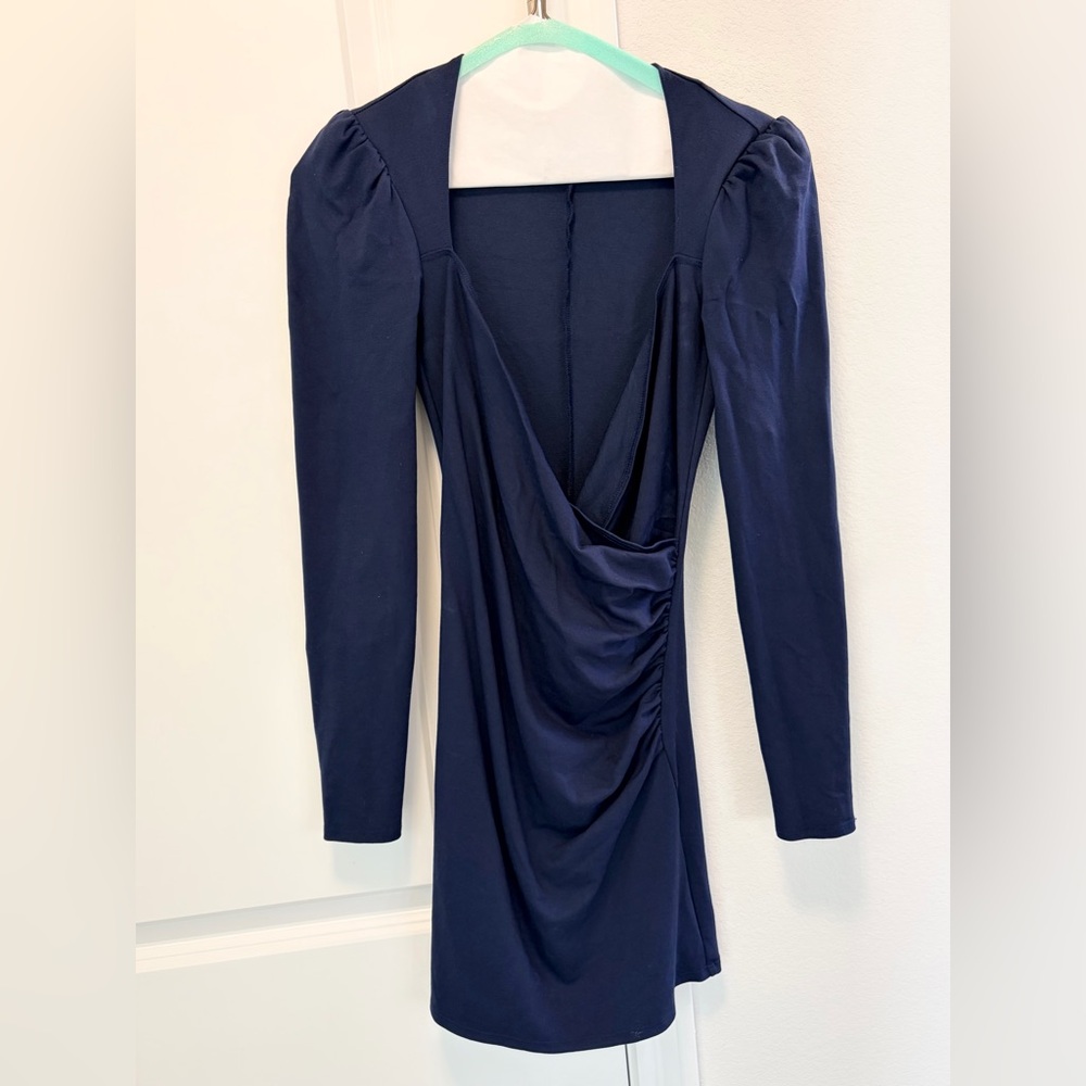 REFORMATION Dark Blue Puffy Long Sleeve Ruched V-Neck Dress, Size XS